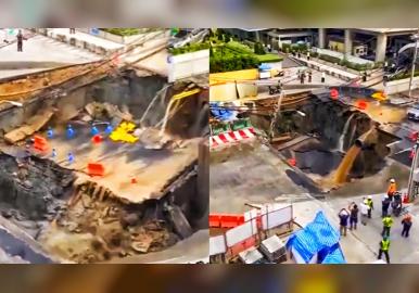 ബാങ്കോക്കിലെ റോഡ് കൂറ്റൻ കുഴിയിലേക്ക് ഇടിഞ്ഞുവീണു, കാറുകളും വൈദ്യുത തൂണുകളും വിഴുങ്ങി !  